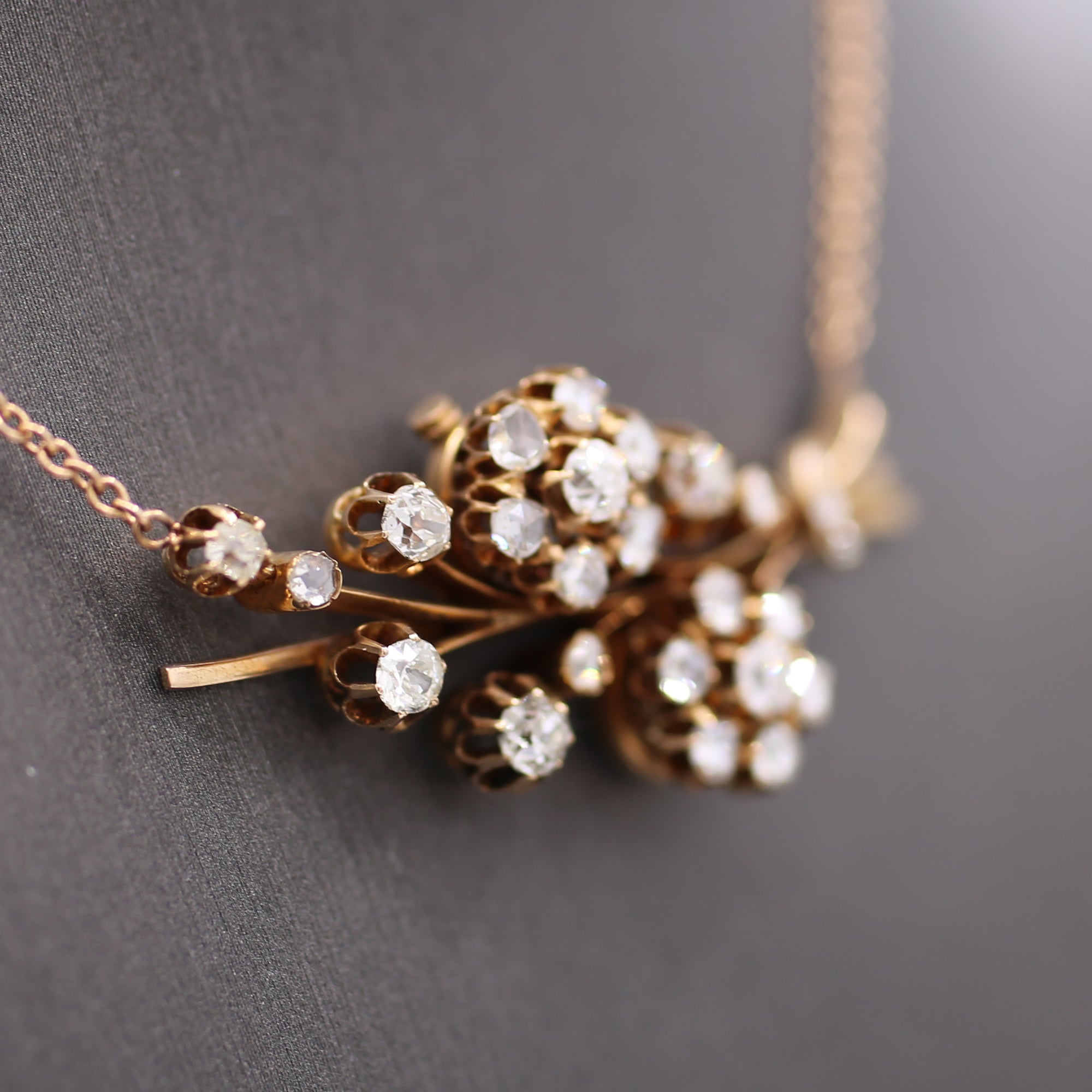 Victorian Old European & Rose Cut Diamond Flower Necklace in 14k Rose Gold