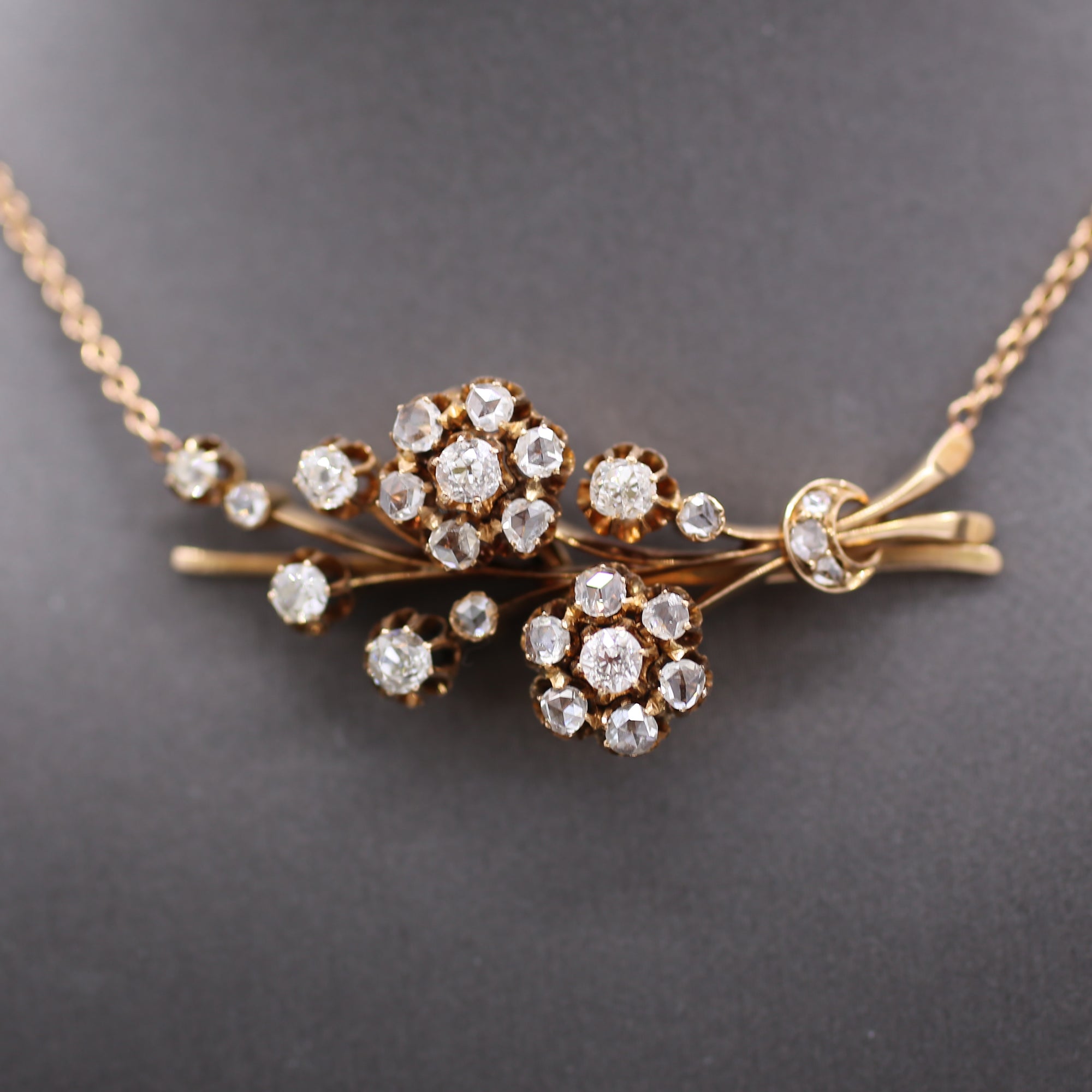 Victorian Old European & Rose Cut Diamond Flower Necklace in 14k Rose Gold