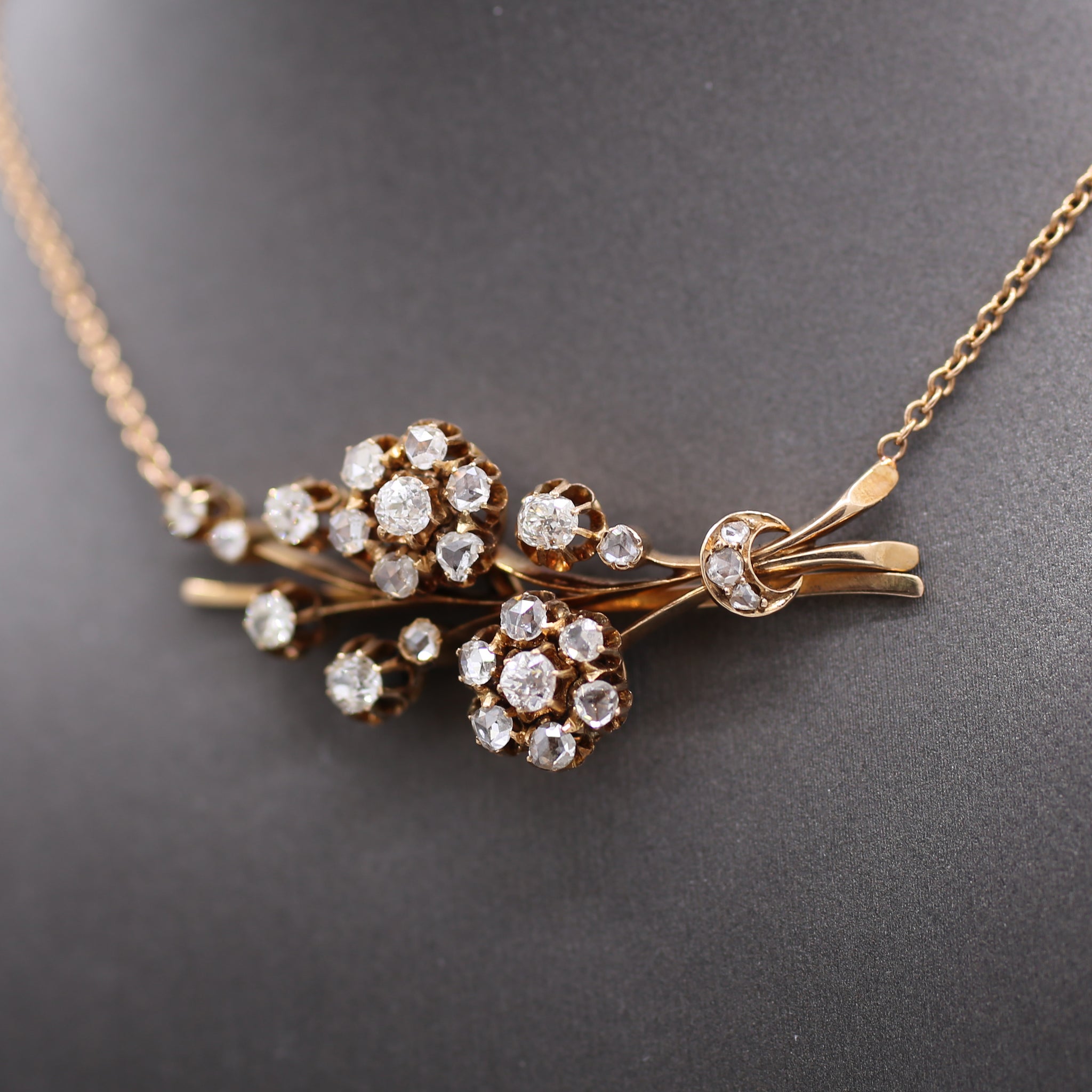 Victorian Old European & Rose Cut Diamond Flower Necklace in 14k Rose Gold