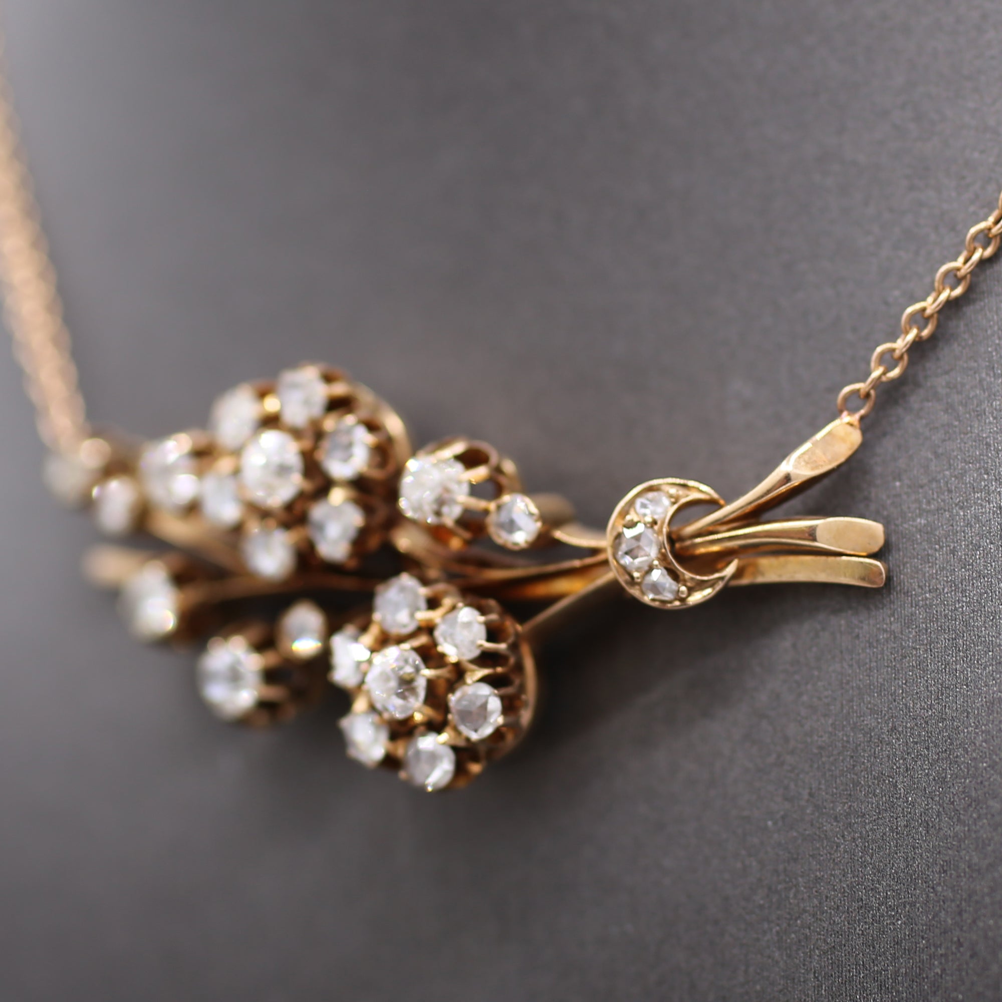 Victorian Old European & Rose Cut Diamond Flower Necklace in 14k Rose Gold