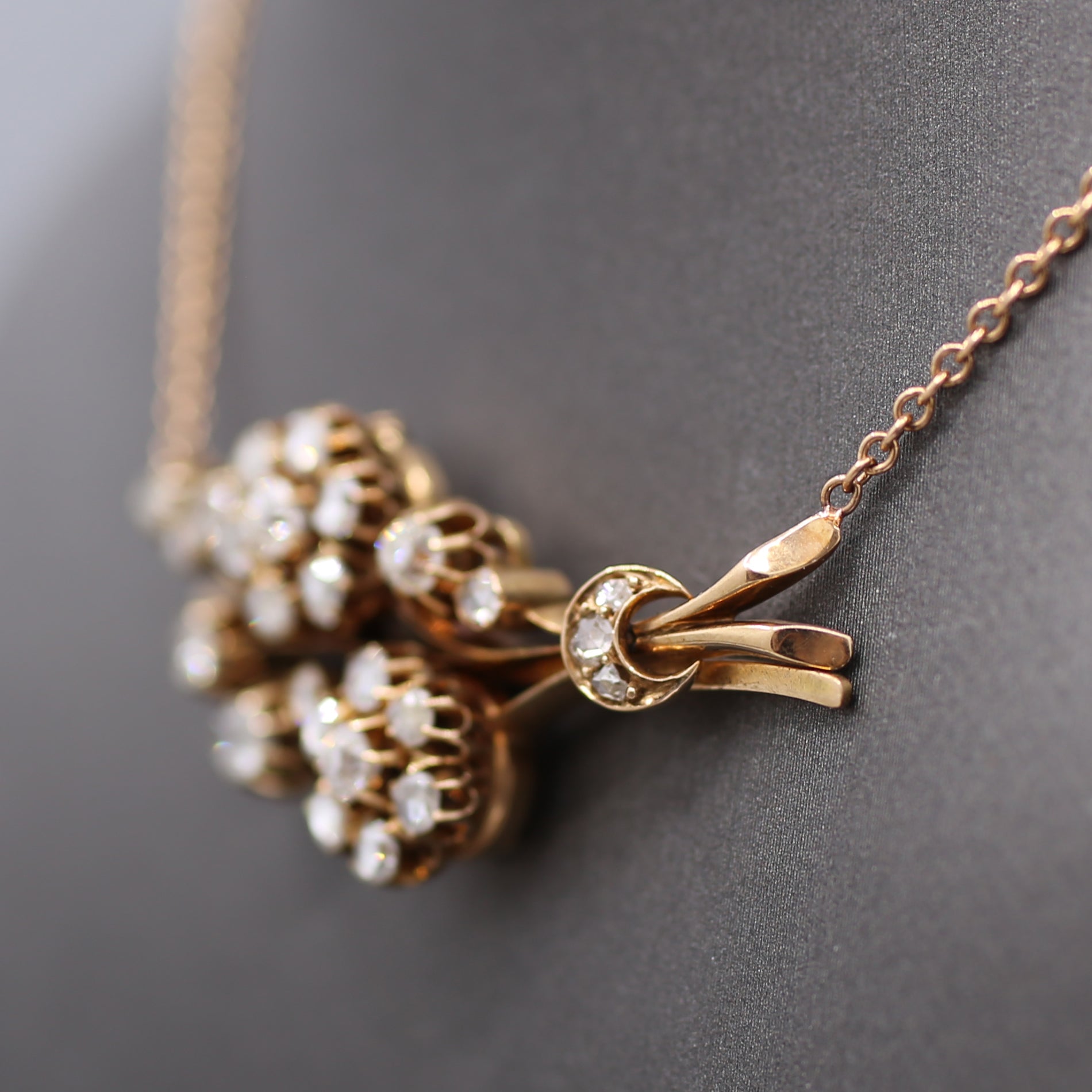 Victorian Old European & Rose Cut Diamond Flower Necklace in 14k Rose Gold