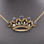 Late Victorian Yogo Sapphire and Pearl Crown Pendant Necklace in 14k Yellow Gold