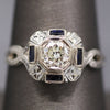 Art Deco Sapphire and Old European Cut Diamond Engagement Ring in 18k White Gold