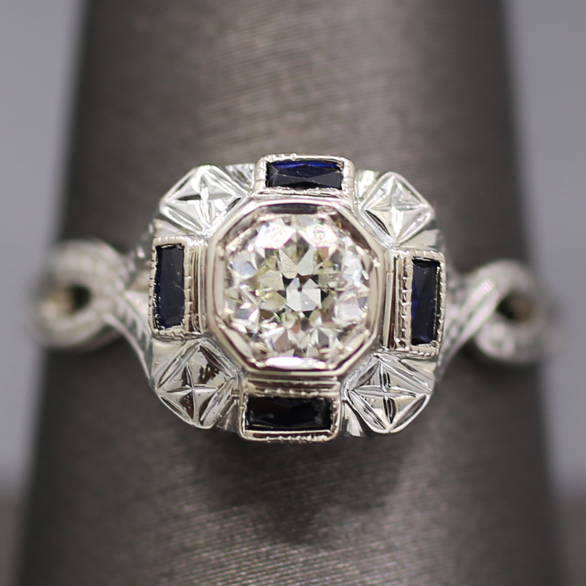 Art Deco Sapphire and Old European Cut Diamond Engagement Ring in 18k White Gold