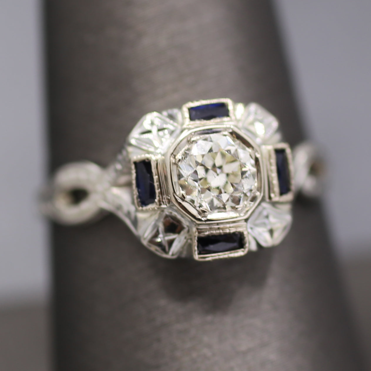 Art Deco Sapphire and Old European Cut Diamond Engagement Ring in 18k White Gold
