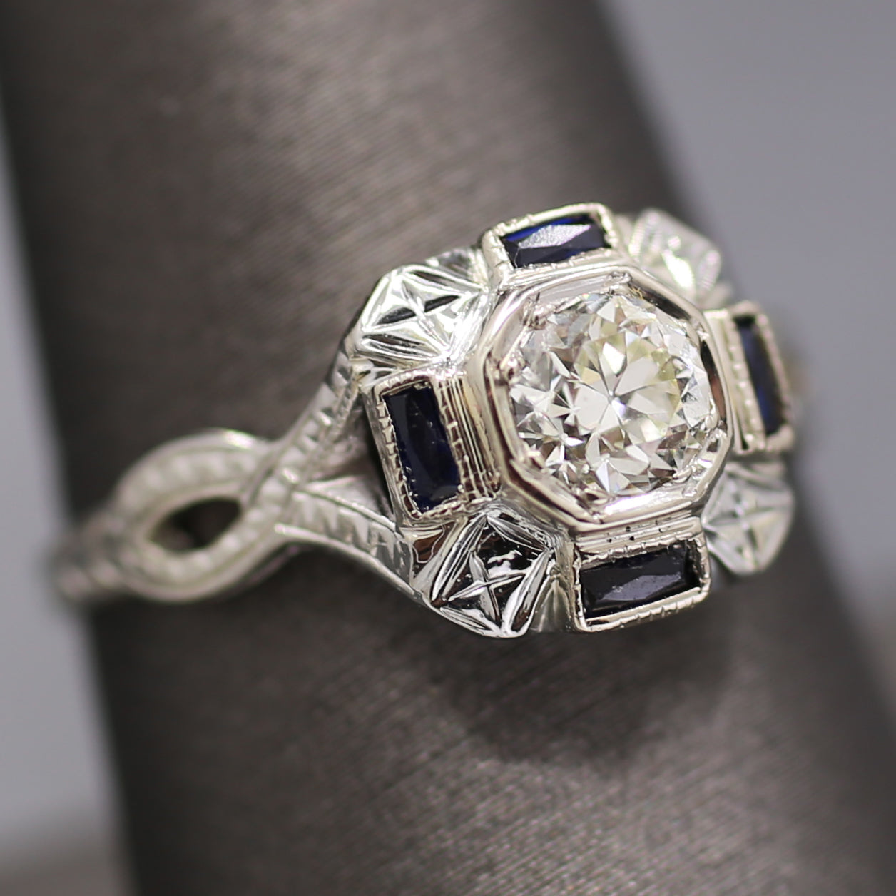 Art Deco Sapphire and Old European Cut Diamond Engagement Ring in 18k White Gold
