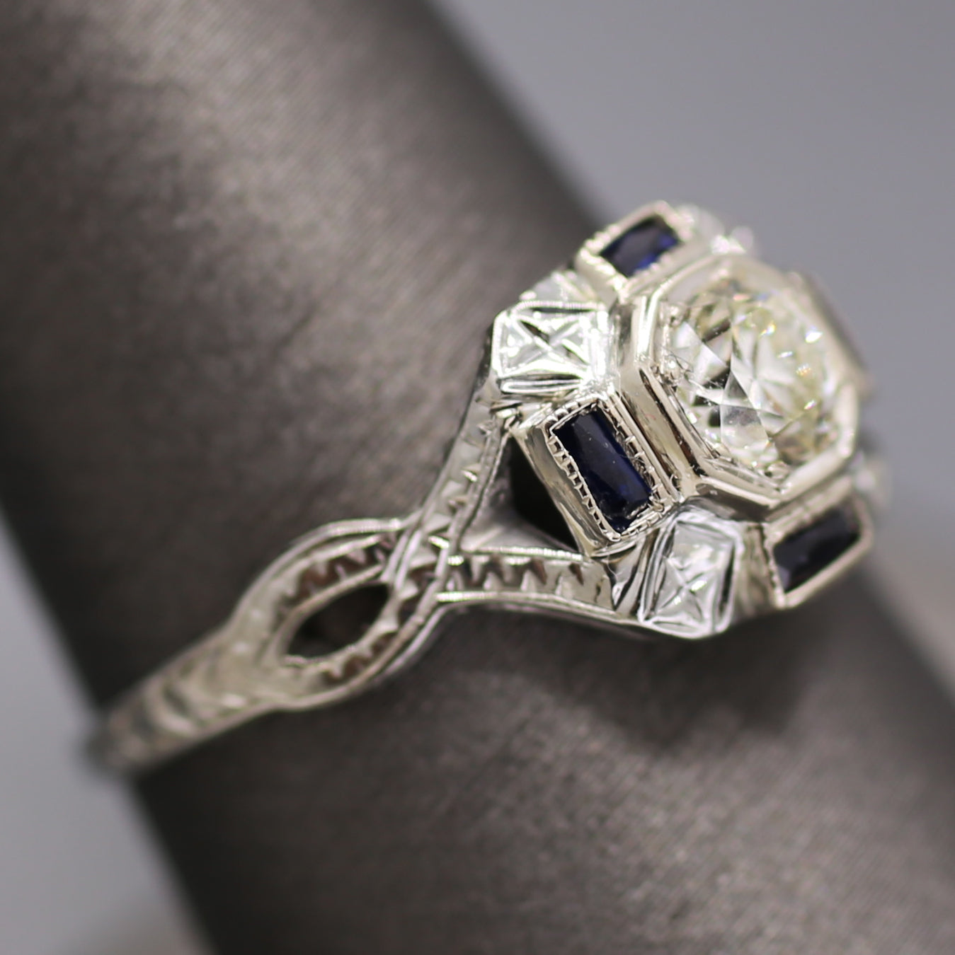 Art Deco Sapphire and Old European Cut Diamond Engagement Ring in 18k White Gold