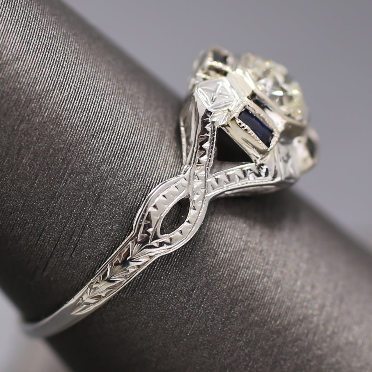 Art Deco Sapphire and Old European Cut Diamond Engagement Ring in 18k White Gold