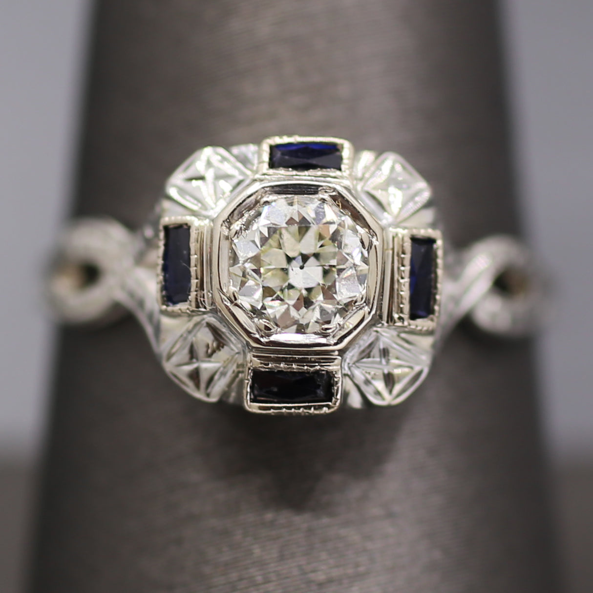 Art Deco Sapphire and Old European Cut Diamond Engagement Ring in 18k White Gold