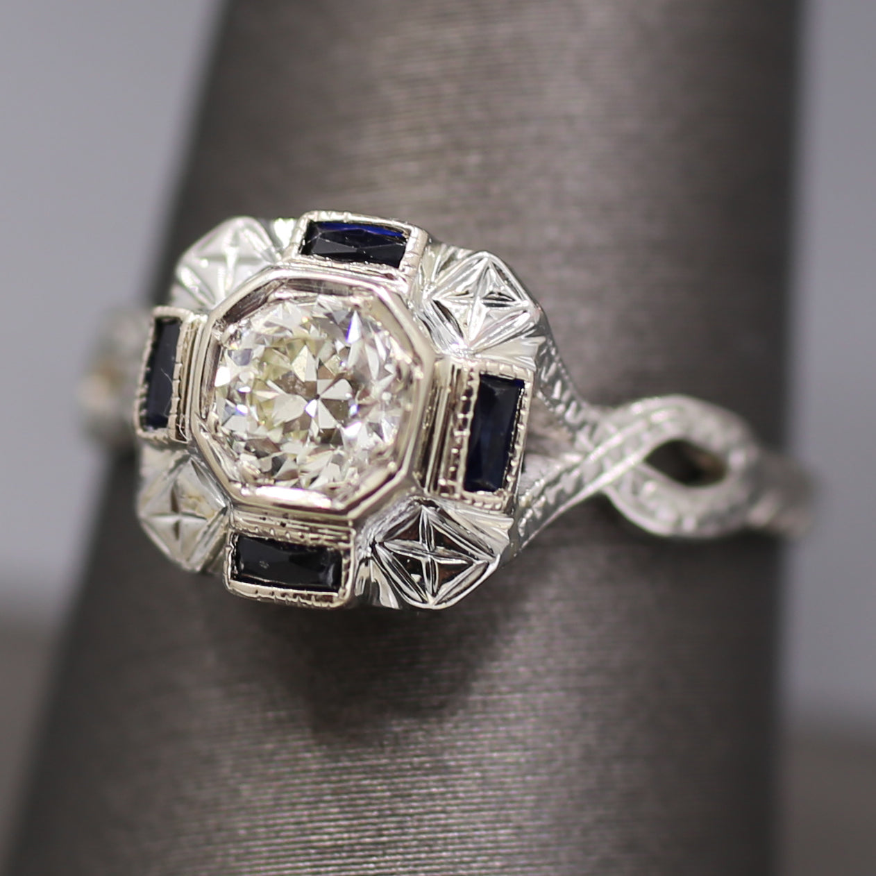 Art Deco Sapphire and Old European Cut Diamond Engagement Ring in 18k White Gold