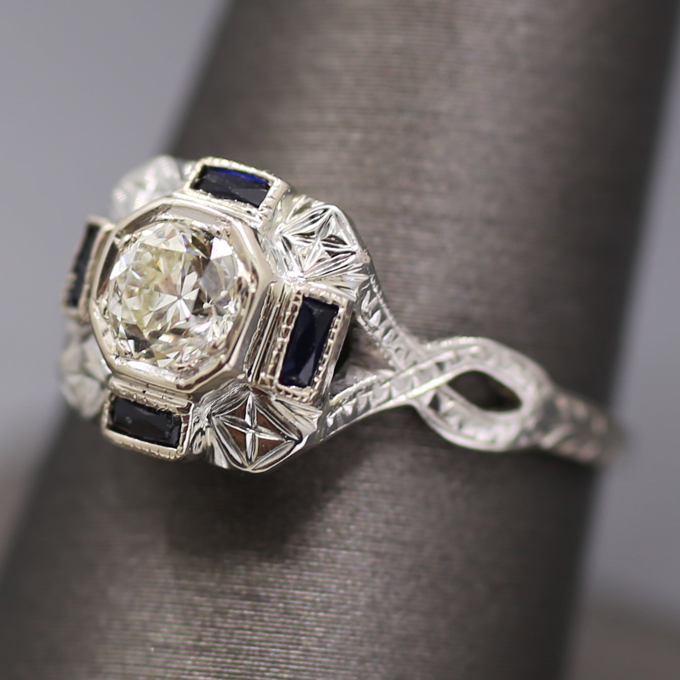 Art Deco Sapphire and Old European Cut Diamond Engagement Ring in 18k White Gold