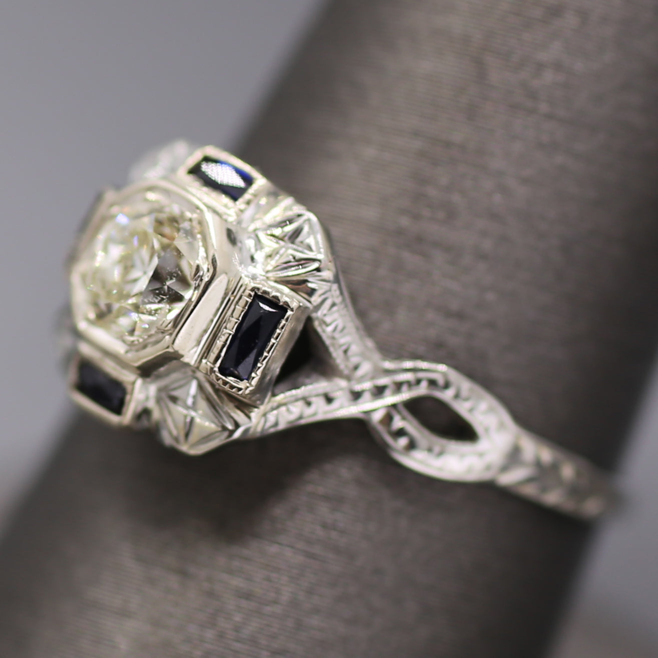 Art Deco Sapphire and Old European Cut Diamond Engagement Ring in 18k White Gold