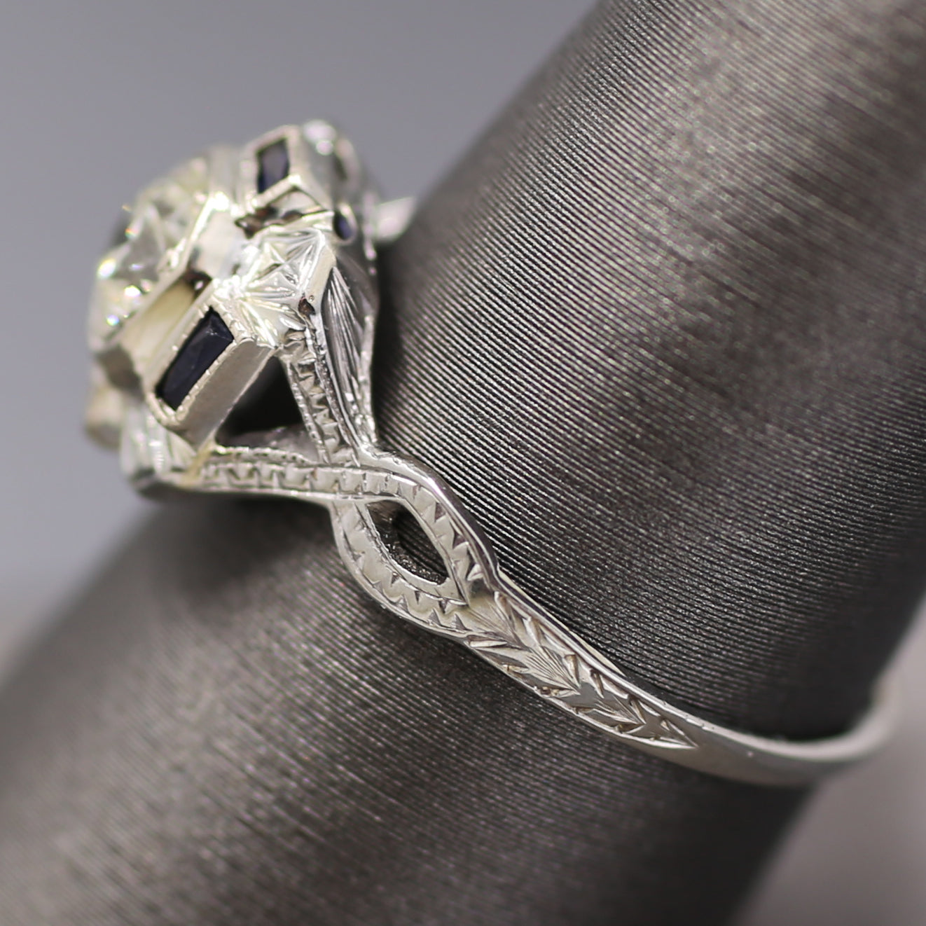 Art Deco Sapphire and Old European Cut Diamond Engagement Ring in 18k White Gold