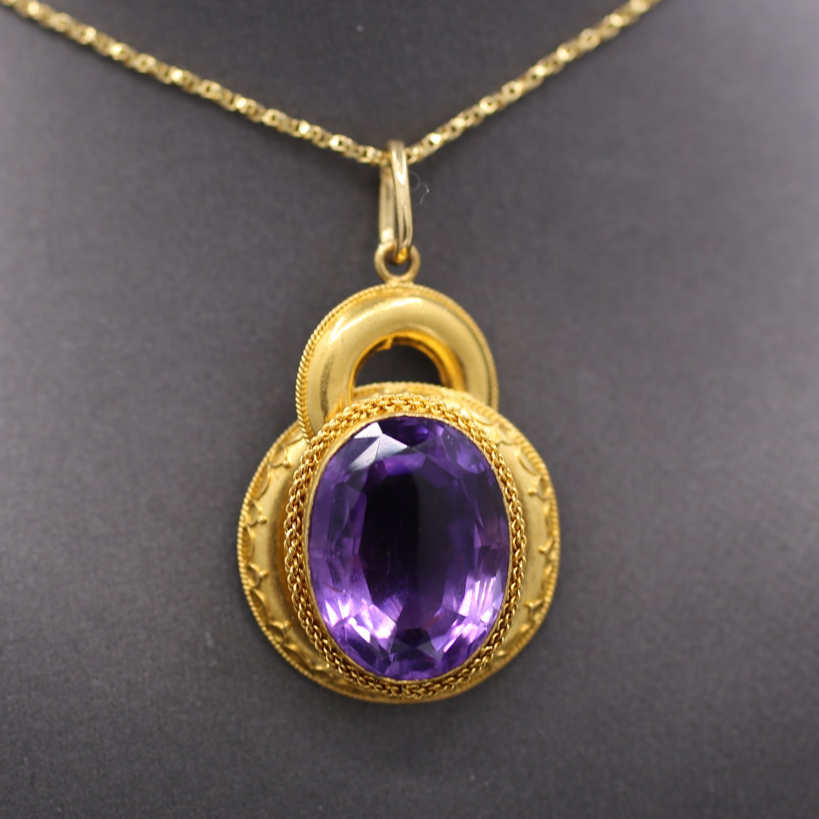 Victorian Etruscan Revival Amethyst Pendant in 14k Yellow Gold