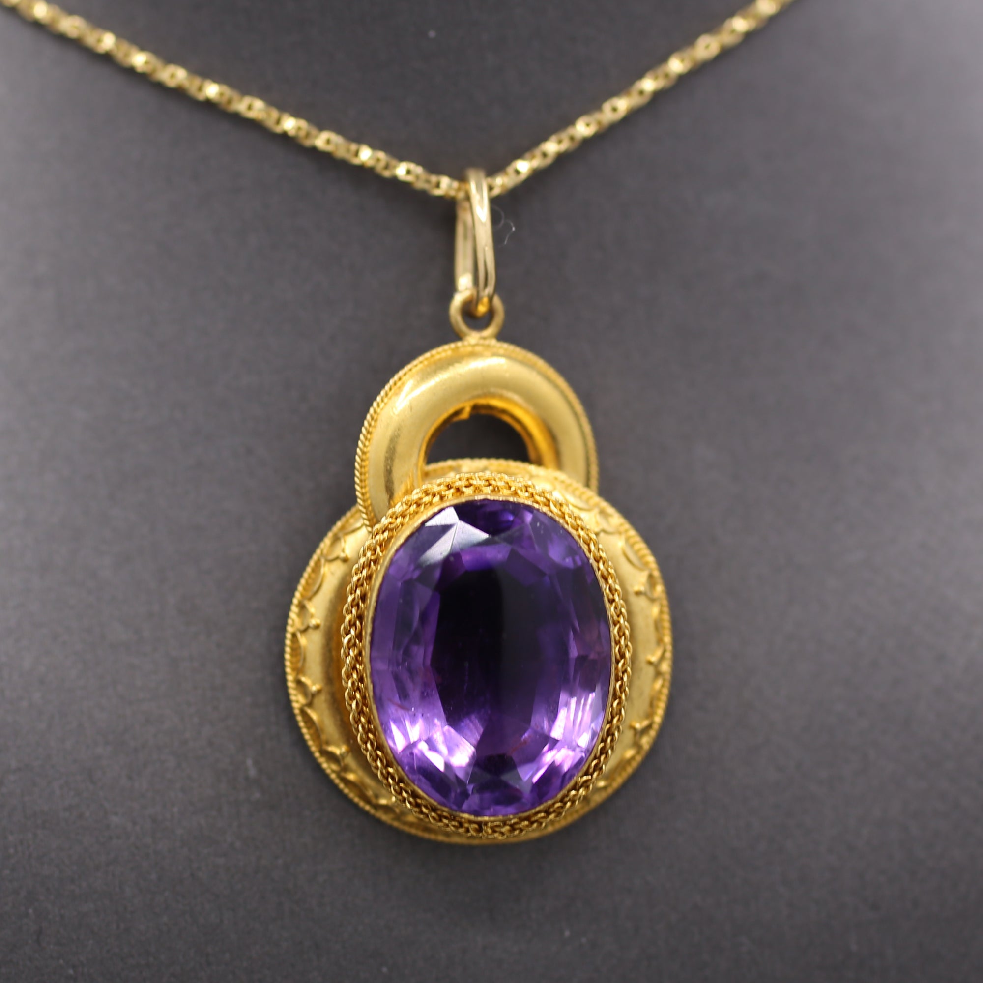 Victorian Etruscan Revival Amethyst Pendant in 14k Yellow Gold