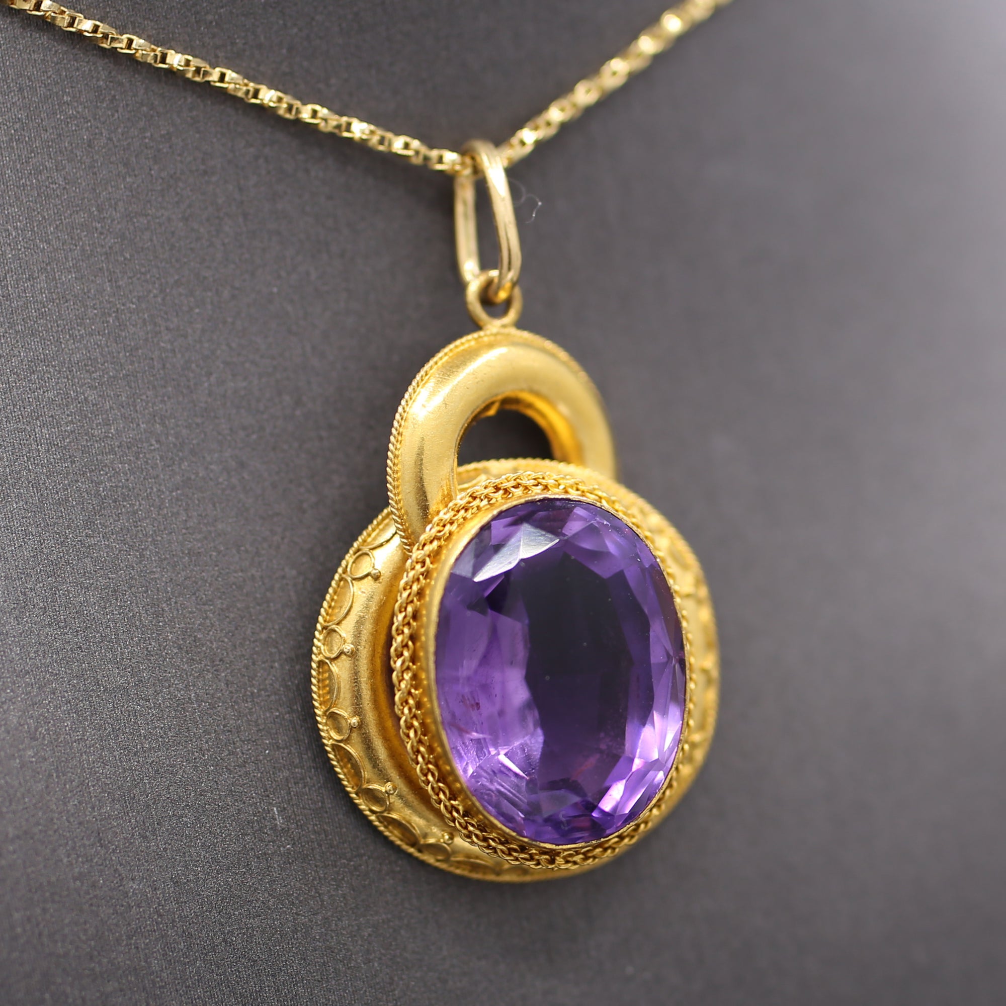 Victorian Etruscan Revival Amethyst Pendant in 14k Yellow Gold
