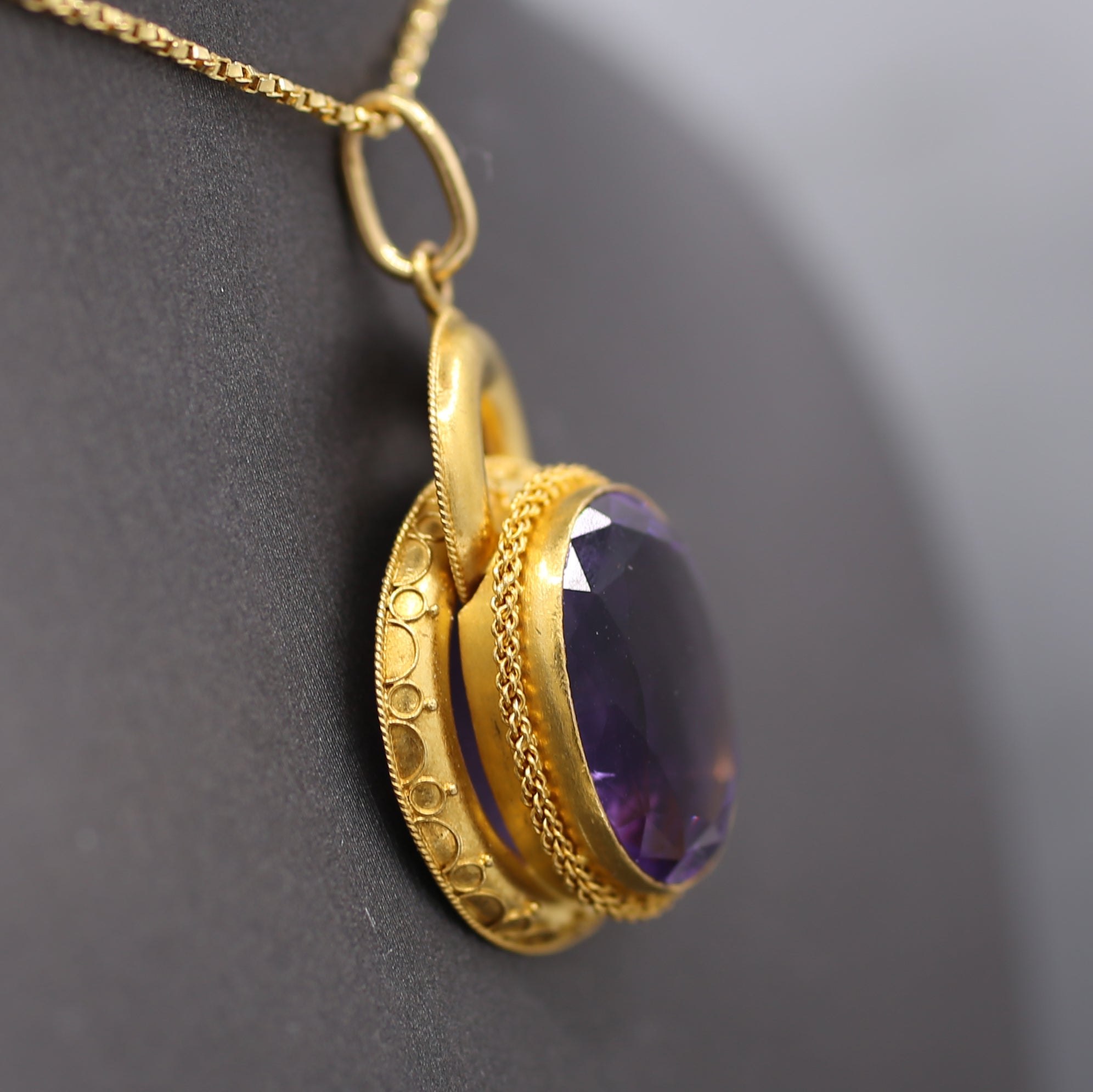Victorian Etruscan Revival Amethyst Pendant in 14k Yellow Gold