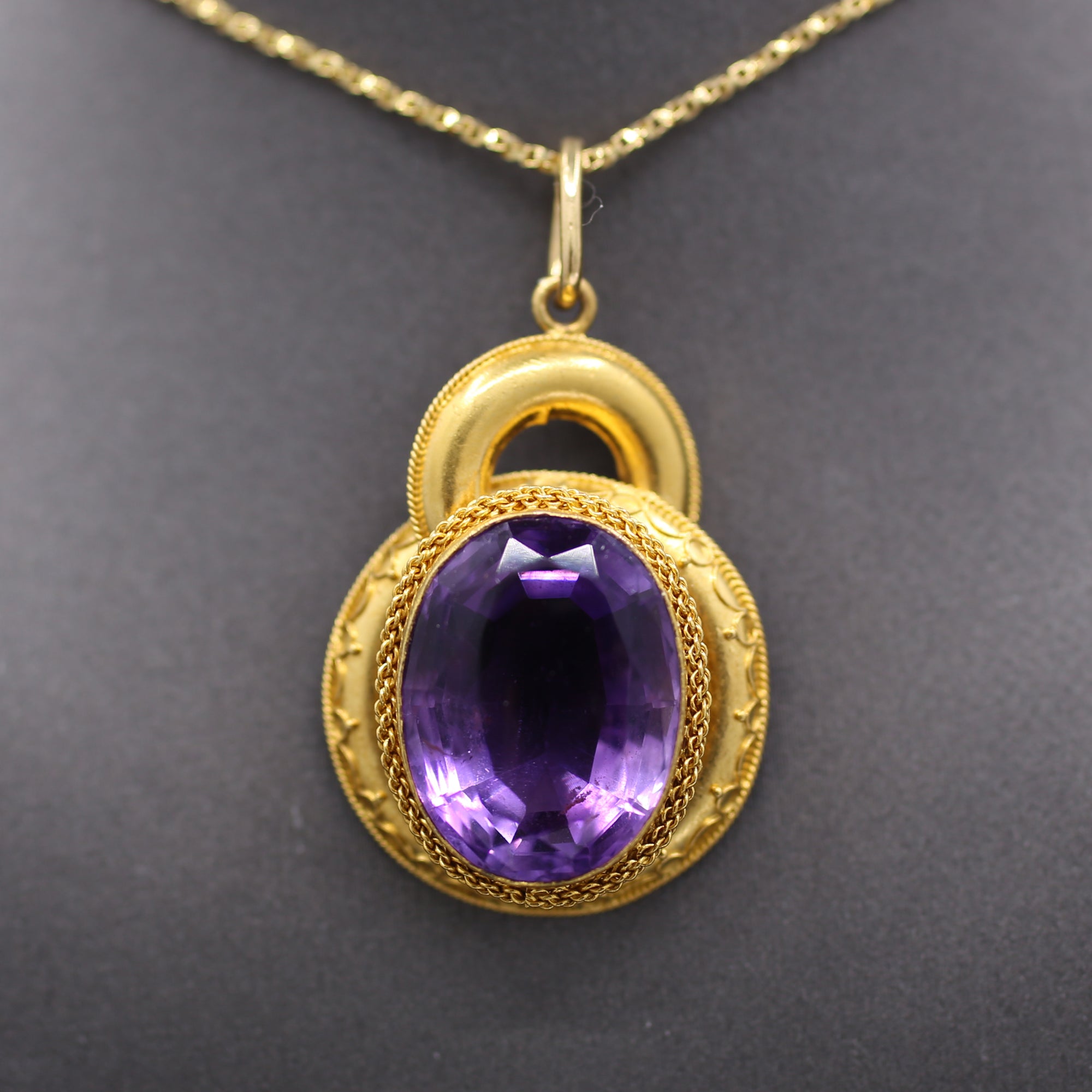 Victorian Etruscan Revival Amethyst Pendant in 14k Yellow Gold