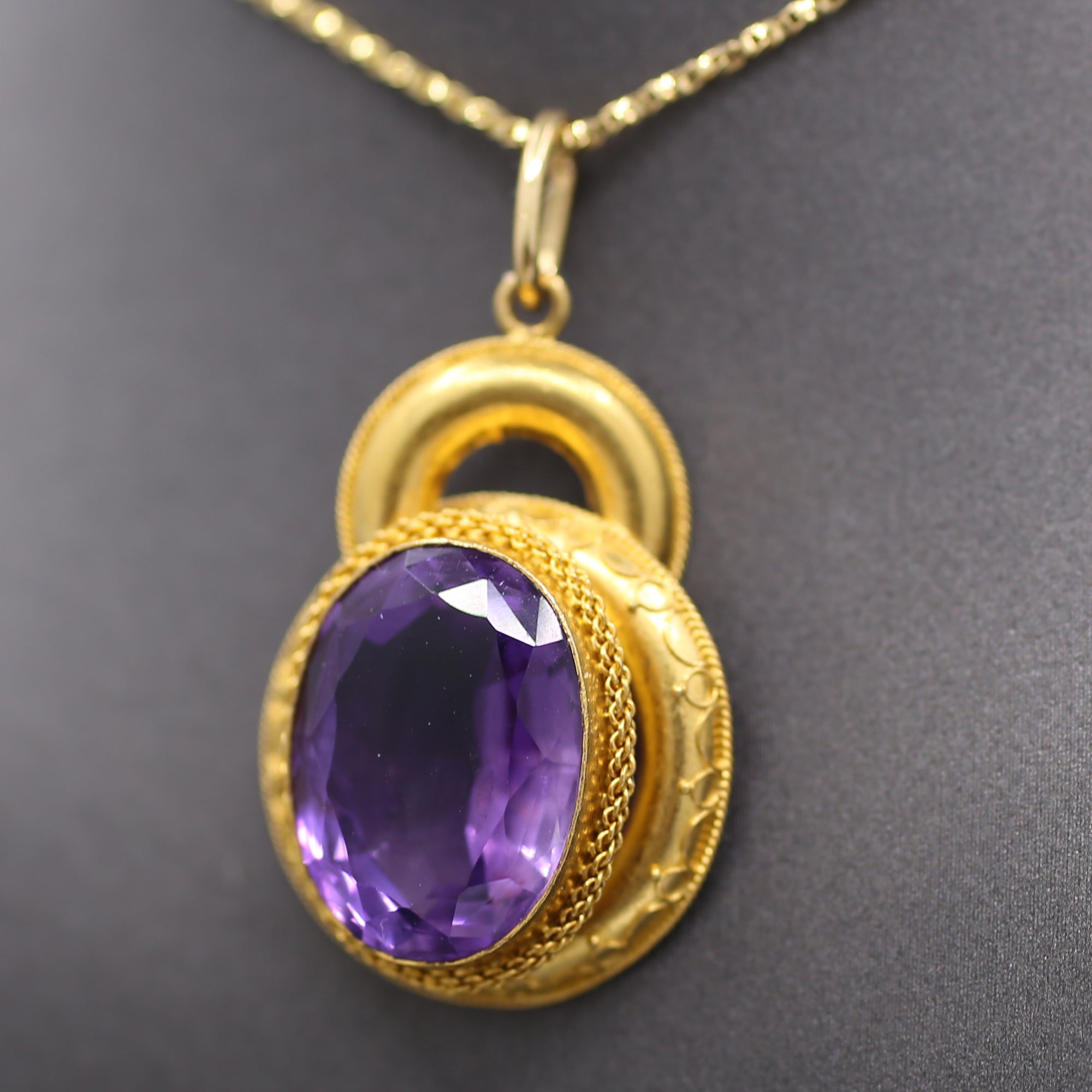 Victorian Etruscan Revival Amethyst Pendant in 14k Yellow Gold