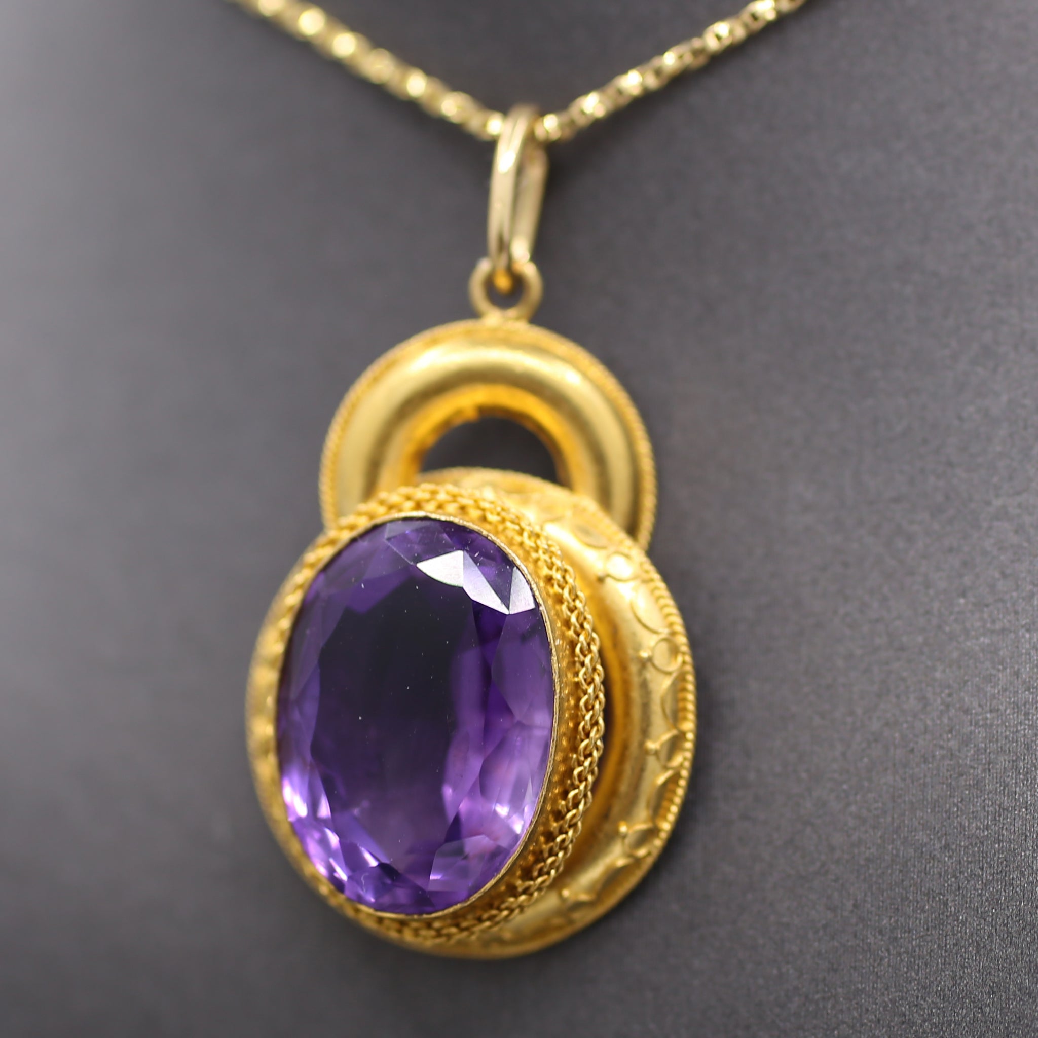 Victorian Etruscan Revival Amethyst Pendant in 14k Yellow Gold