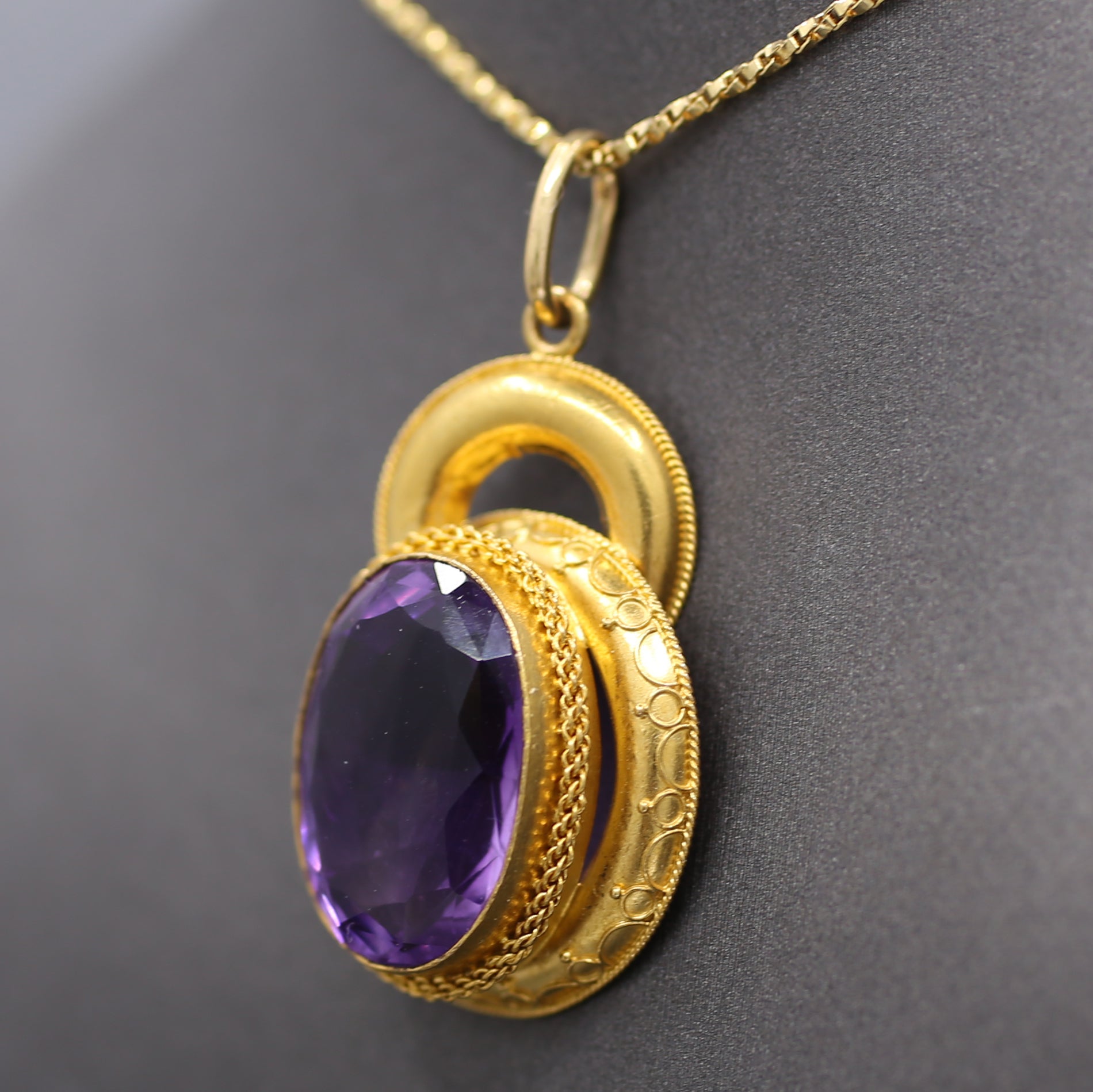 Victorian Etruscan Revival Amethyst Pendant in 14k Yellow Gold