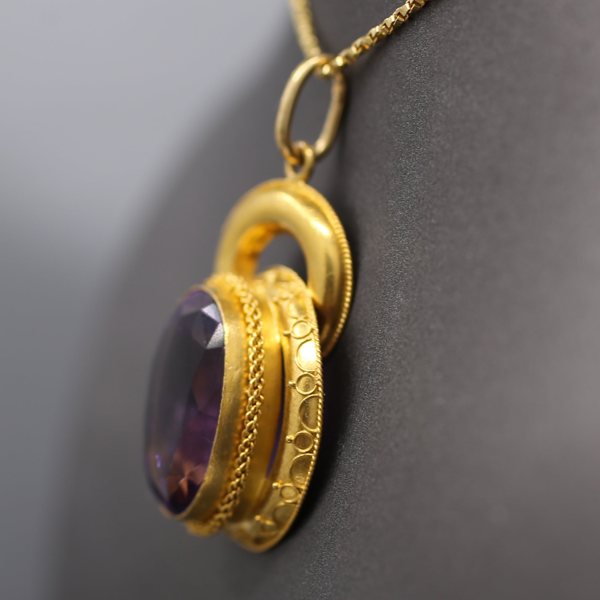 Victorian Etruscan Revival Amethyst Pendant in 14k Yellow Gold