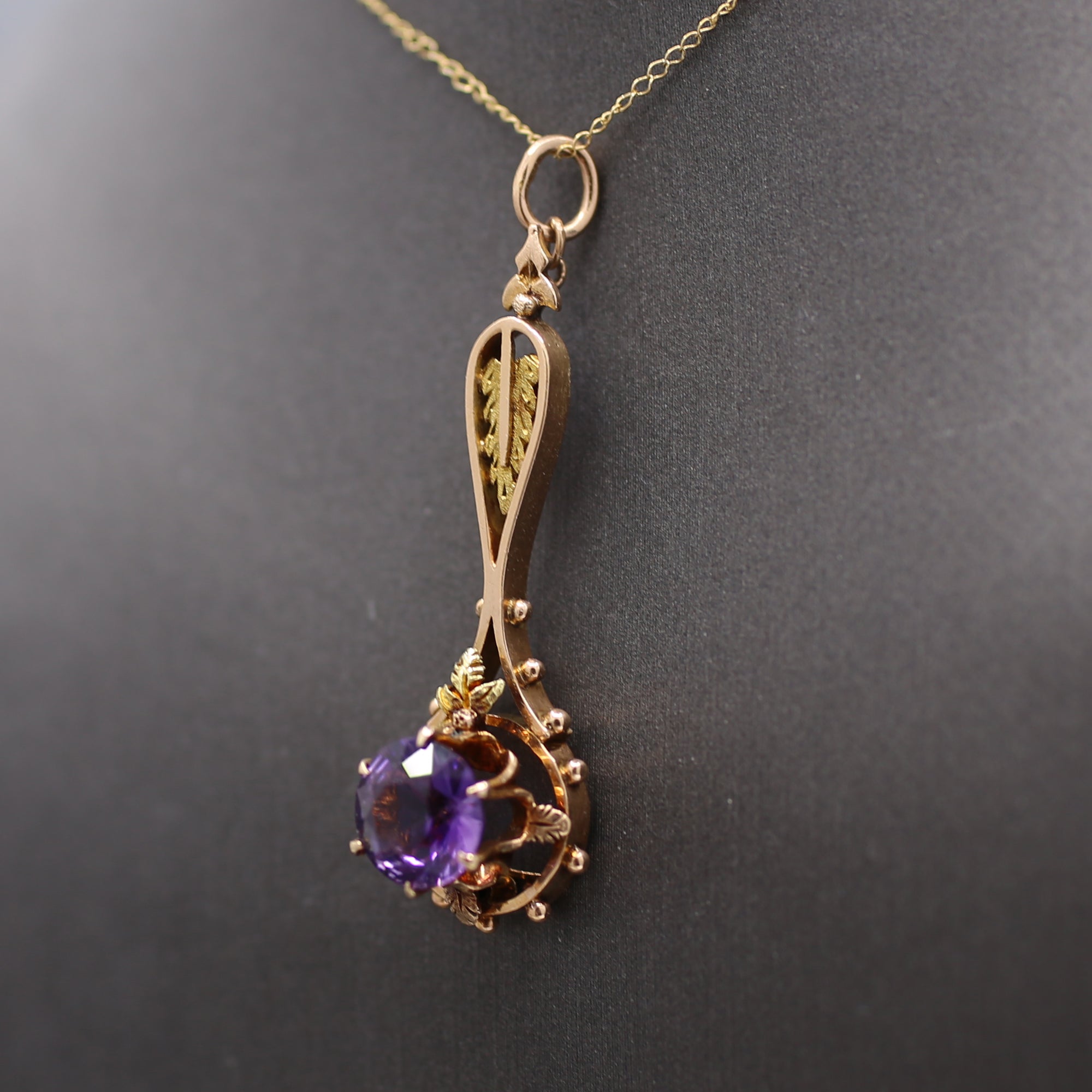 Antique Victorian Amethyst Architectural Pendant in 10k Rose and Yellow Gold
