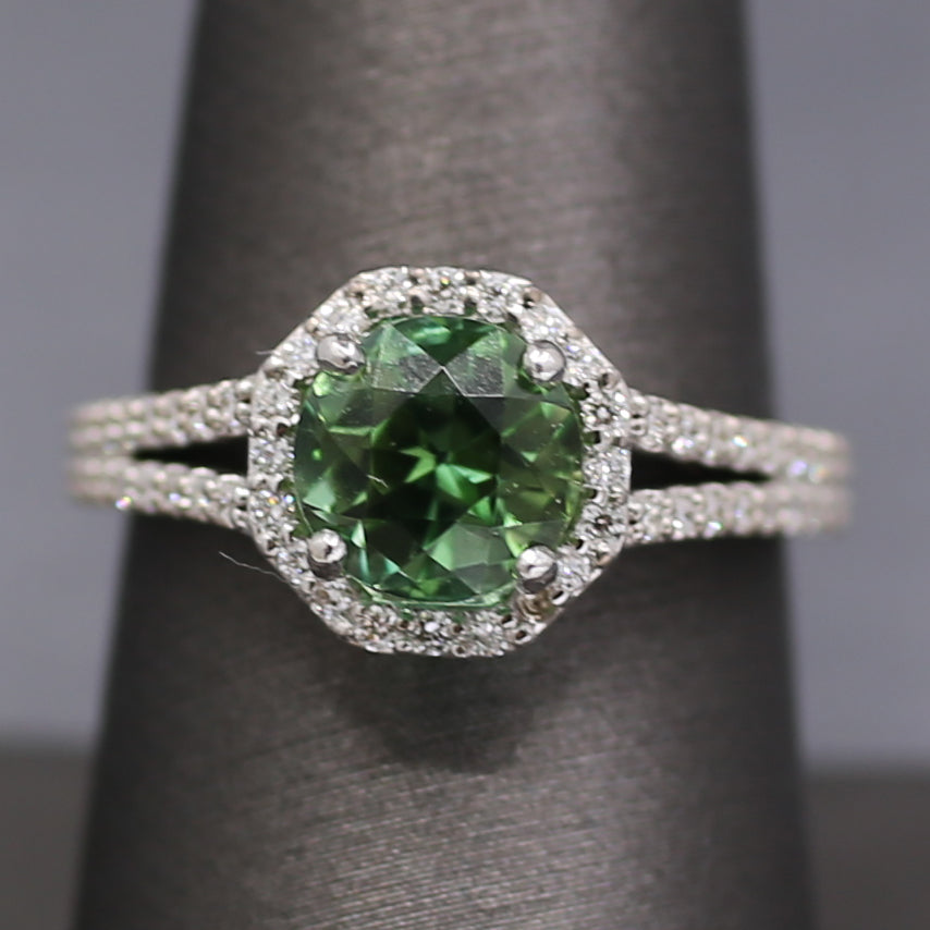 Exquisite Mint Green Tourmaline and Diamond Split Shank Ring in 14k White Gold