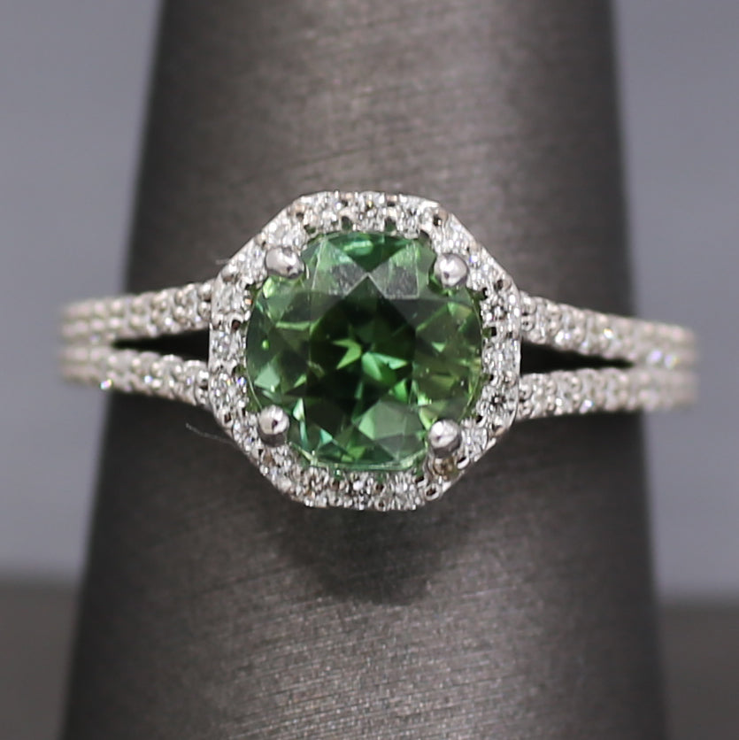 Exquisite Mint Green Tourmaline and Diamond Split Shank Ring in 14k White Gold