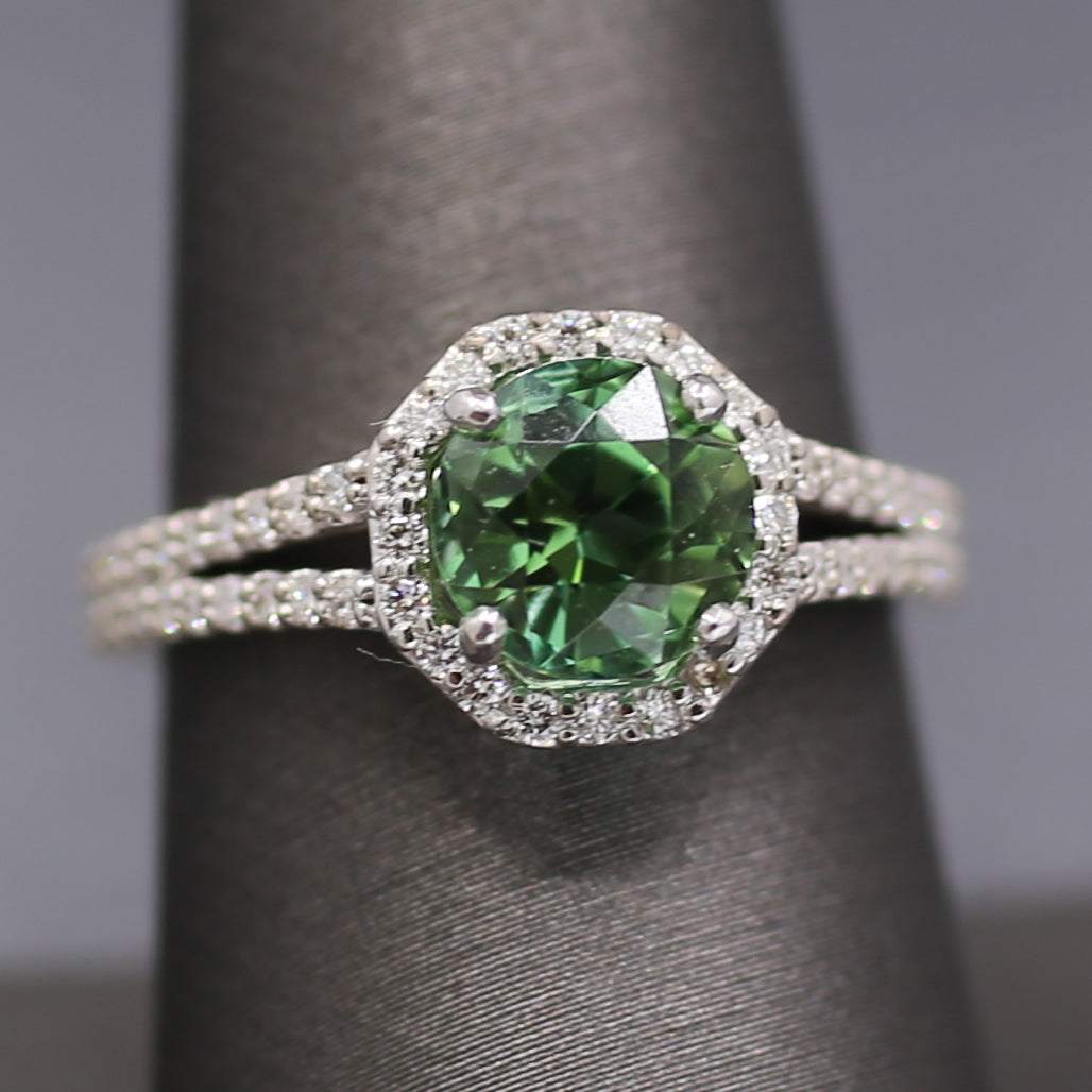 Exquisite Mint Green Tourmaline and Diamond Split Shank Ring in 14k White Gold
