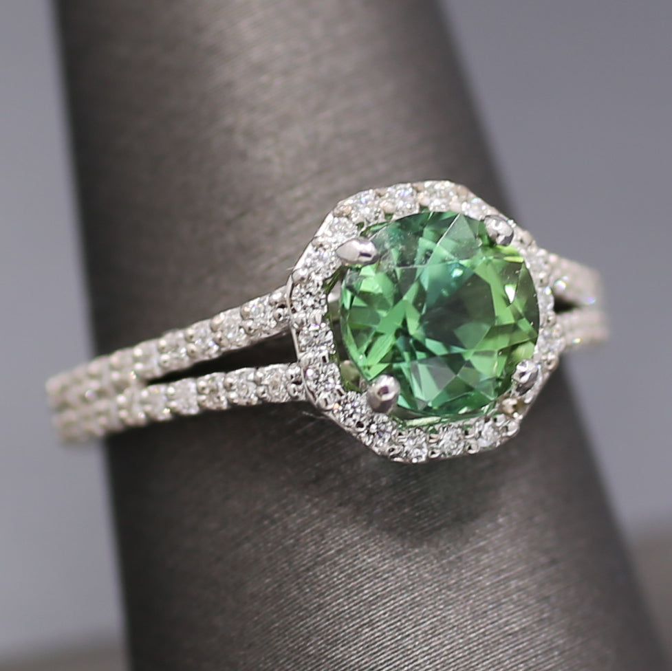 Exquisite Mint Green Tourmaline and Diamond Split Shank Ring in 14k White Gold