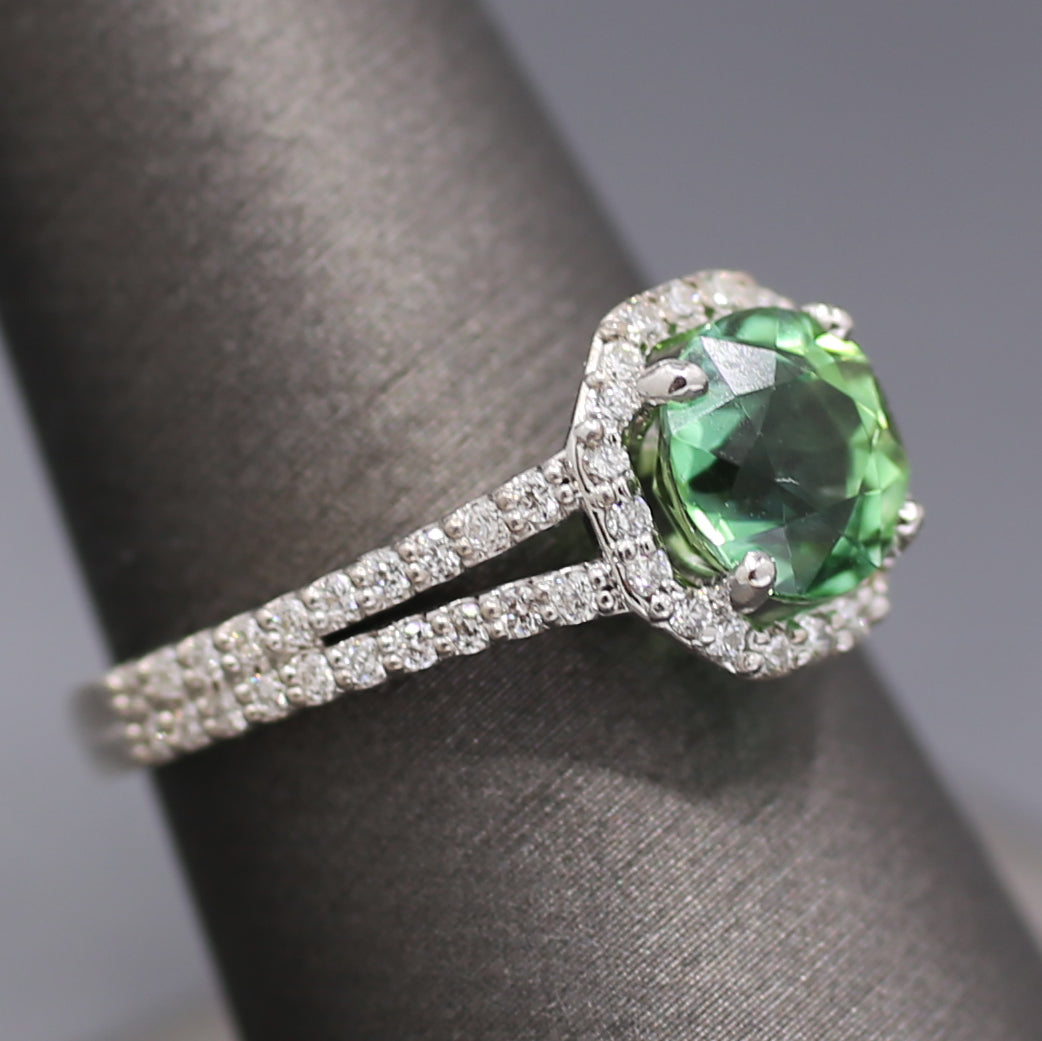 Exquisite Mint Green Tourmaline and Diamond Split Shank Ring in 14k White Gold