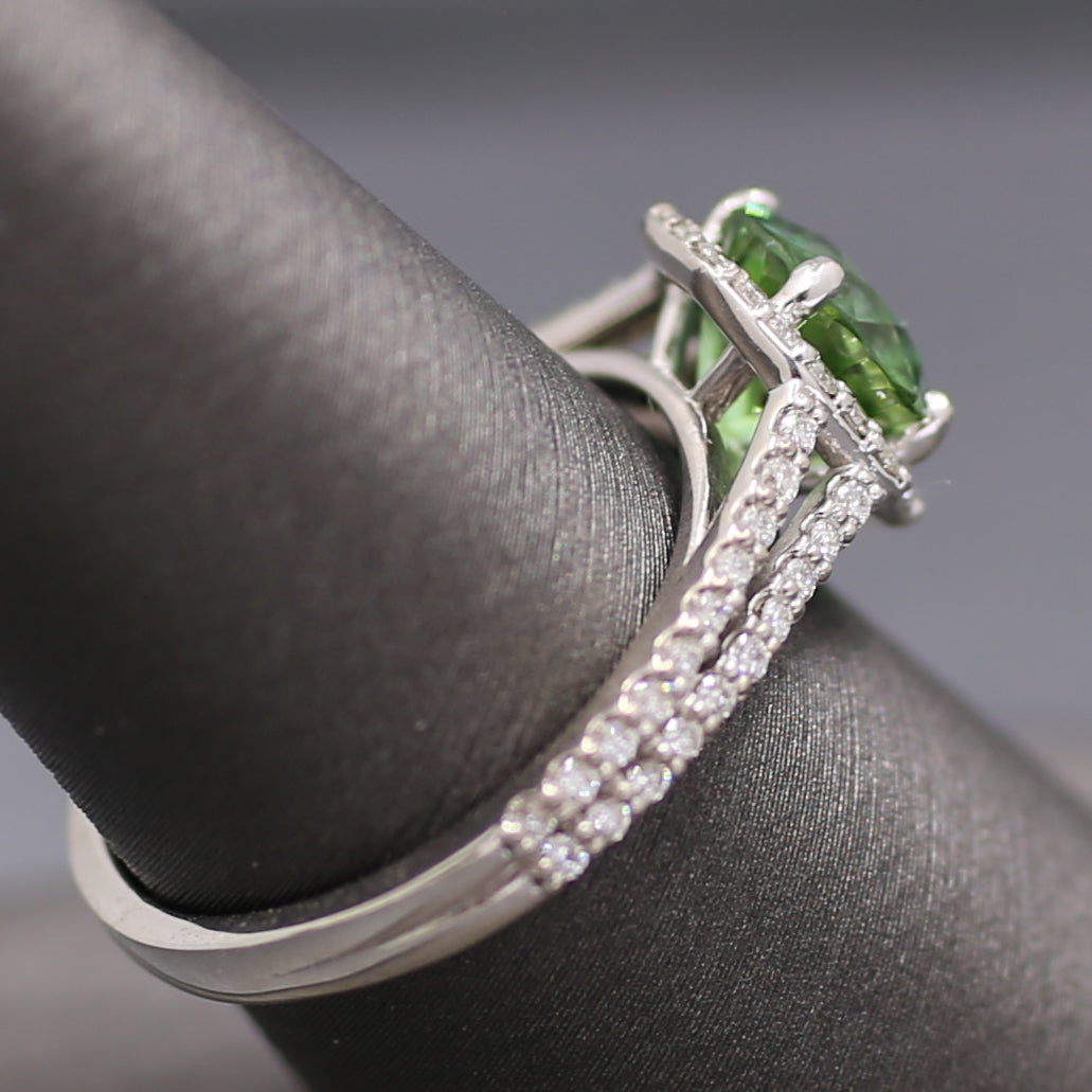 Exquisite Mint Green Tourmaline and Diamond Split Shank Ring in 14k White Gold