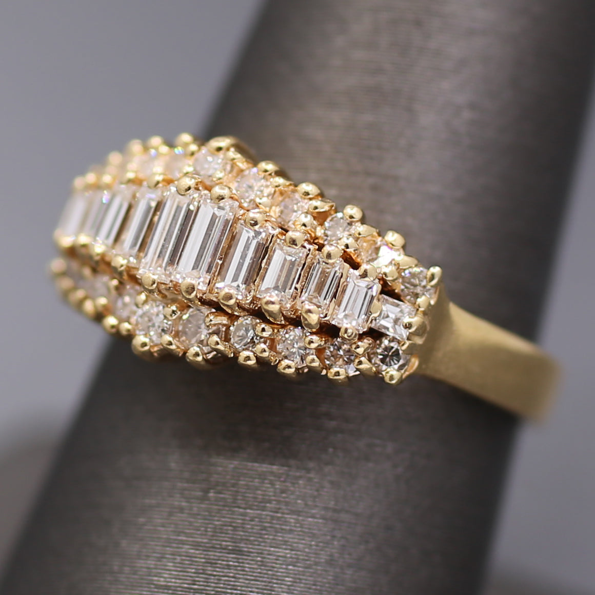 Vintage Baguette Cut and Round Diamond Graduated Band Ring in 14k Yellow Gold