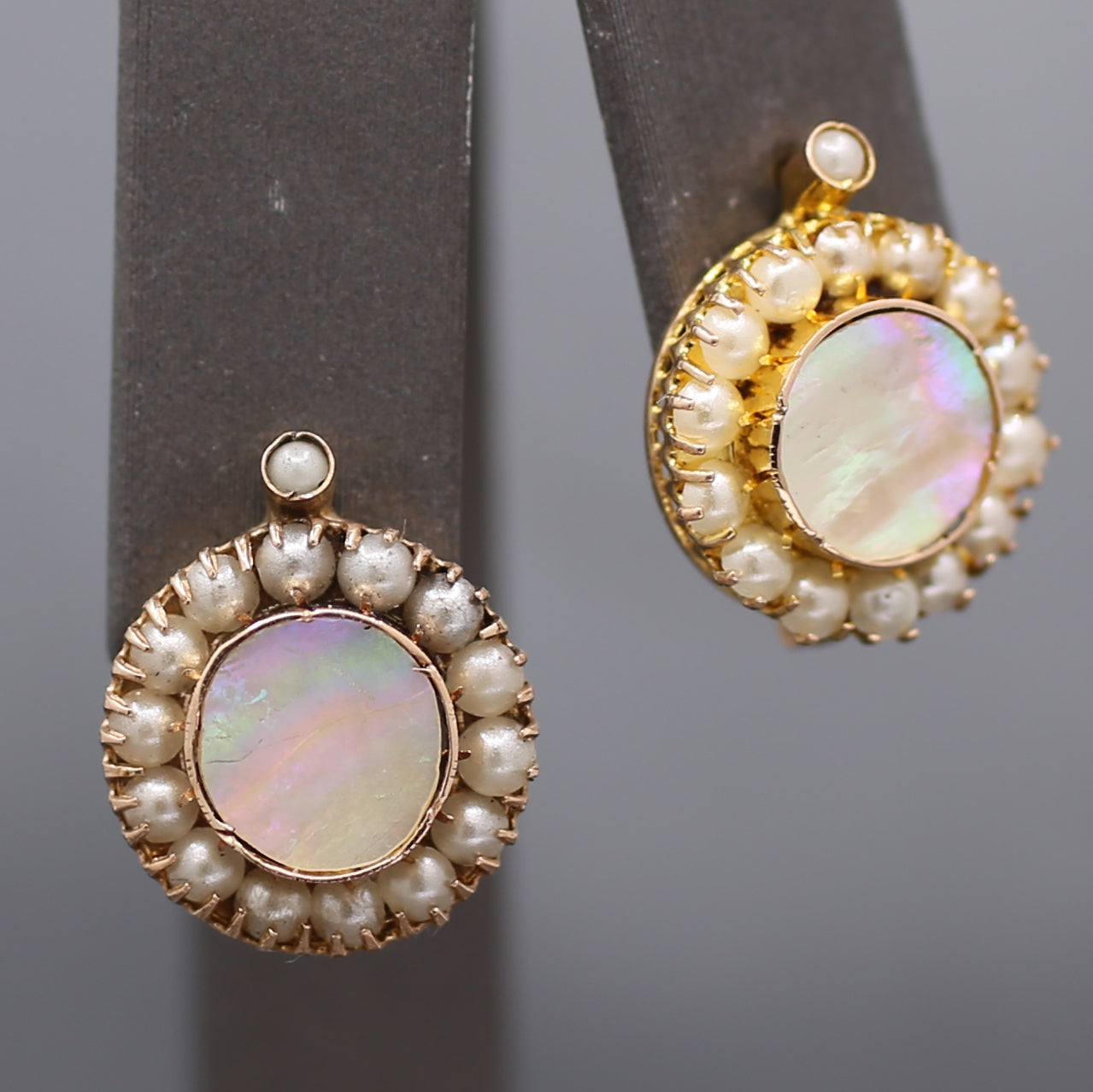 Victorian Golden Mother of Pearl and Seed Pearl Earrings in 12k Rosy Gold