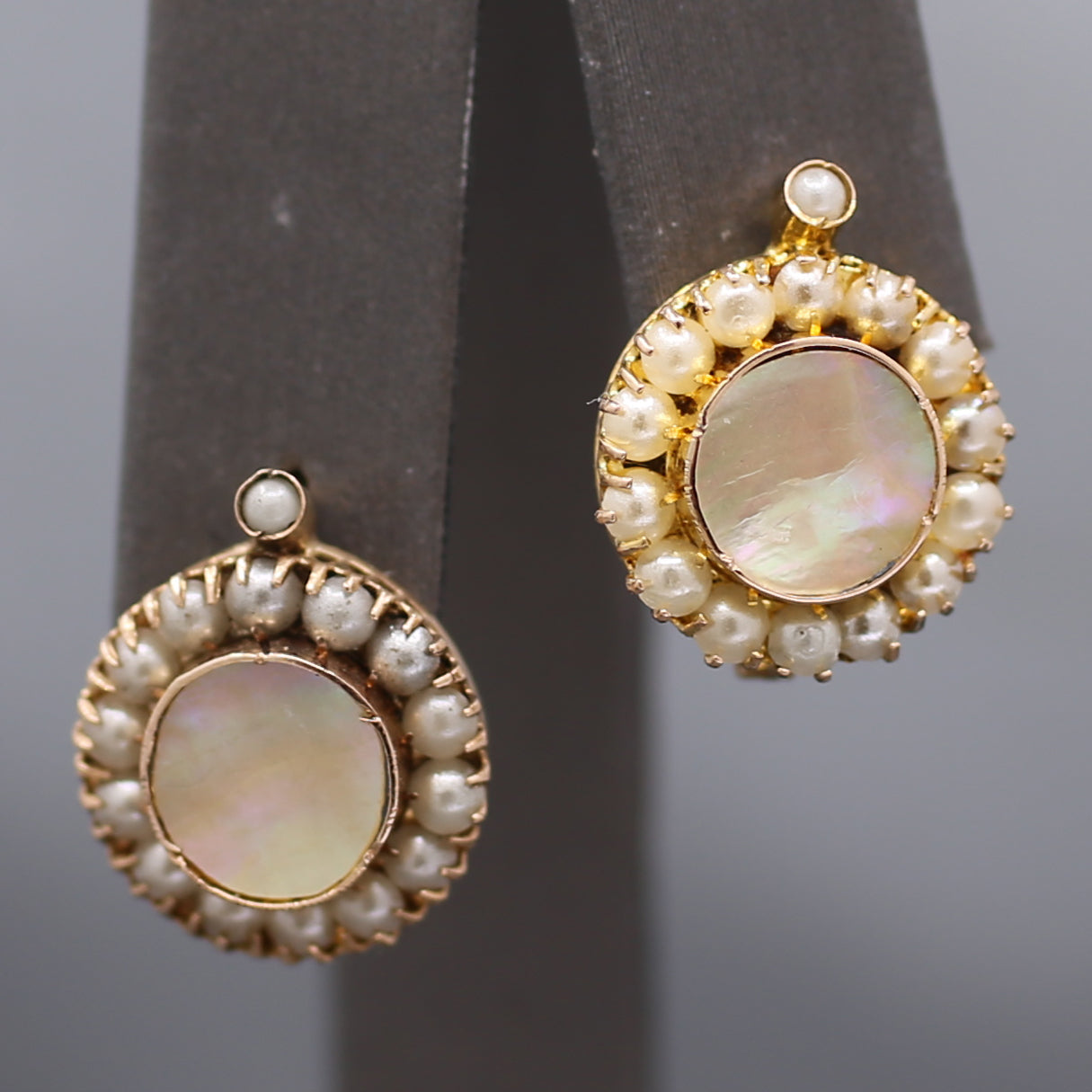 Victorian Golden Mother of Pearl and Seed Pearl Earrings in 12k Rosy Gold