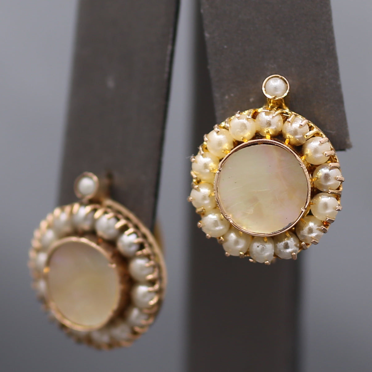 Victorian Golden Mother of Pearl and Seed Pearl Earrings in 12k Rosy Gold