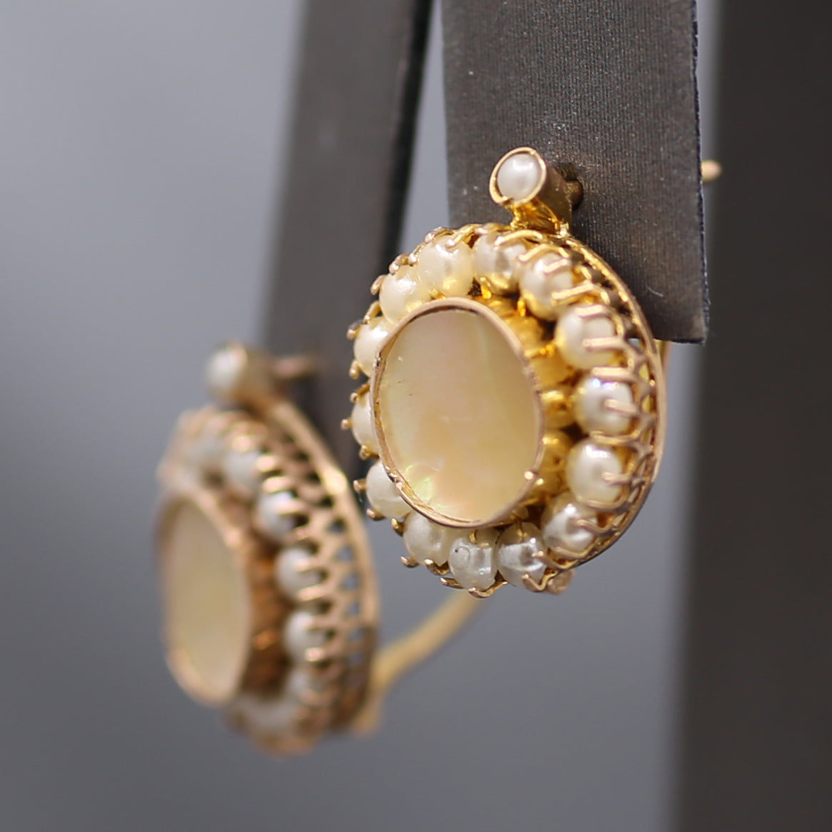 Victorian Golden Mother of Pearl and Seed Pearl Earrings in 12k Rosy Gold