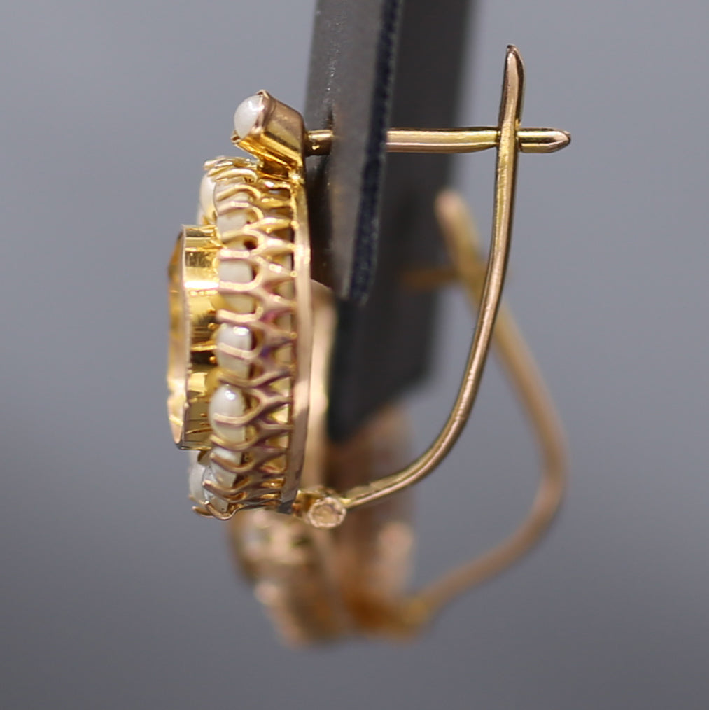 Victorian Golden Mother of Pearl and Seed Pearl Earrings in 12k Rosy Gold