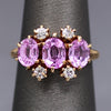 Victorian Pink Sapphire and Diamond Trilogy Three Stone Ring in 14k Rosy Gold