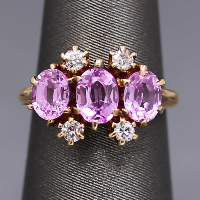 Victorian Pink Sapphire and Diamond Trilogy Three Stone Ring in 14k Rosy Gold