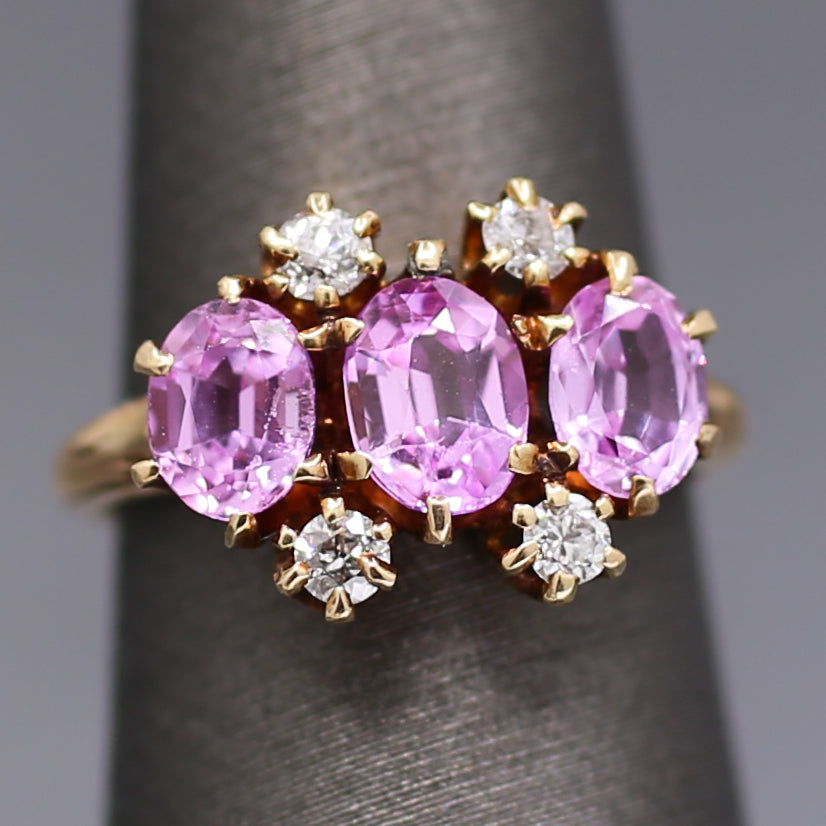 Victorian Pink Sapphire and Diamond Trilogy Three Stone Ring in 14k Rosy Gold