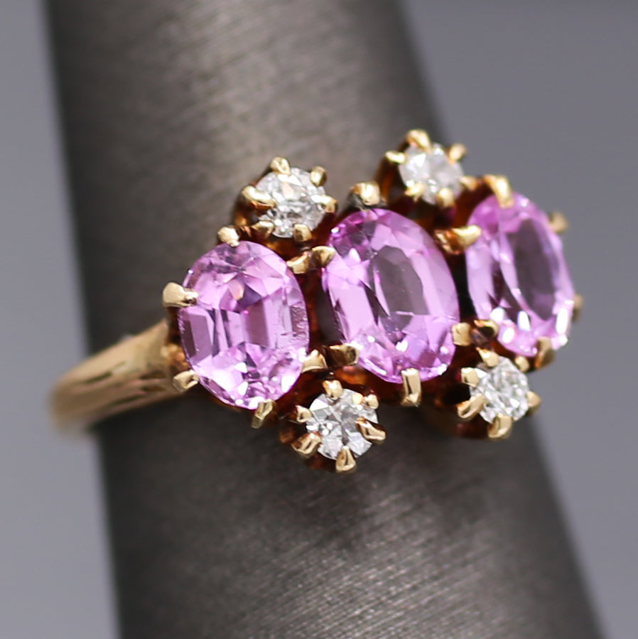 Victorian Pink Sapphire and Diamond Trilogy Three Stone Ring in 14k Rosy Gold