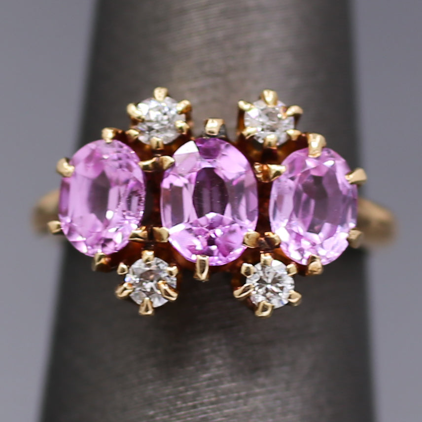 Victorian Pink Sapphire and Diamond Trilogy Three Stone Ring in 14k Rosy Gold
