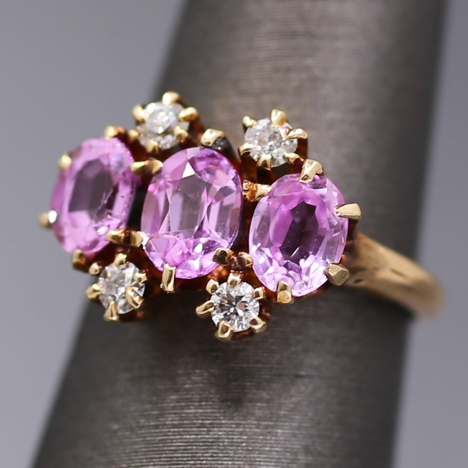 Victorian Pink Sapphire and Diamond Trilogy Three Stone Ring in 14k Rosy Gold