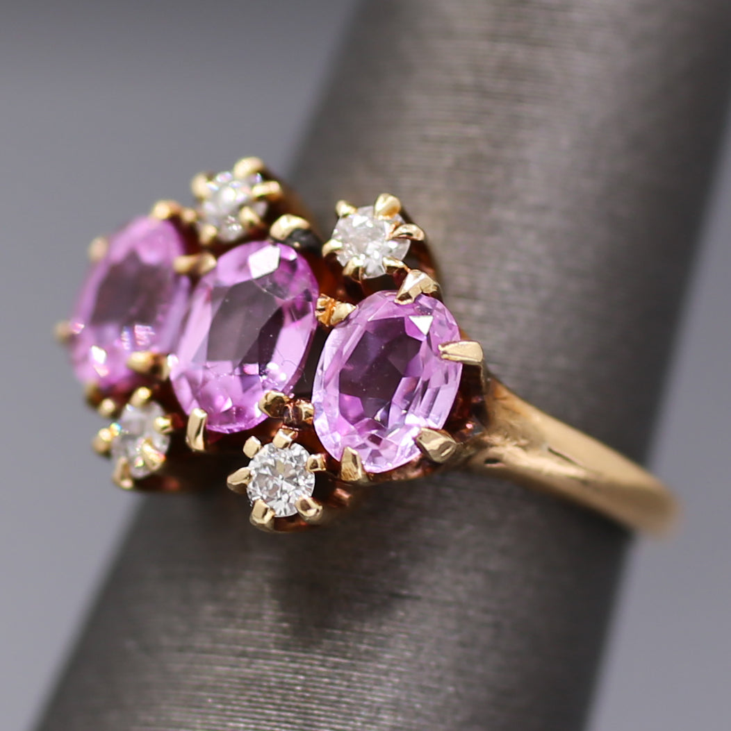 Victorian Pink Sapphire and Diamond Trilogy Three Stone Ring in 14k Rosy Gold