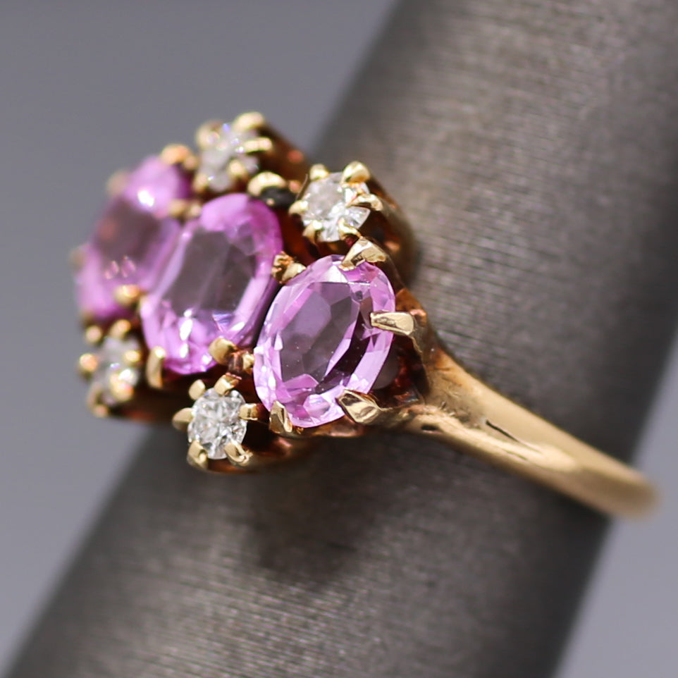 Victorian Pink Sapphire and Diamond Trilogy Three Stone Ring in 14k Rosy Gold