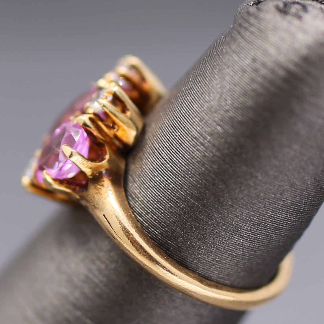 Victorian Pink Sapphire and Diamond Trilogy Three Stone Ring in 14k Rosy Gold