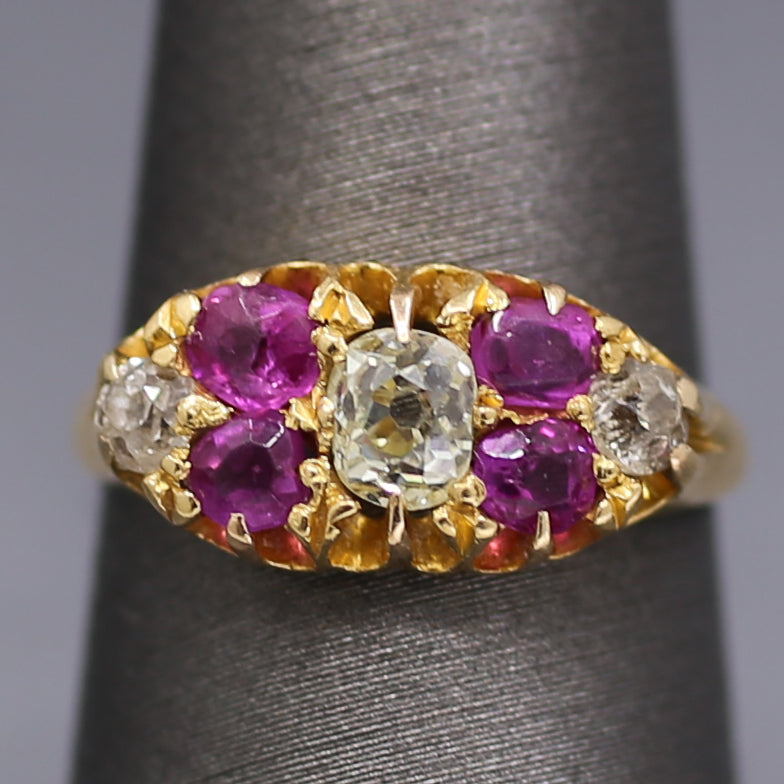 Antique Ruby and Old Mine Cut Diamond Band Ring in 18k Yellow Gold