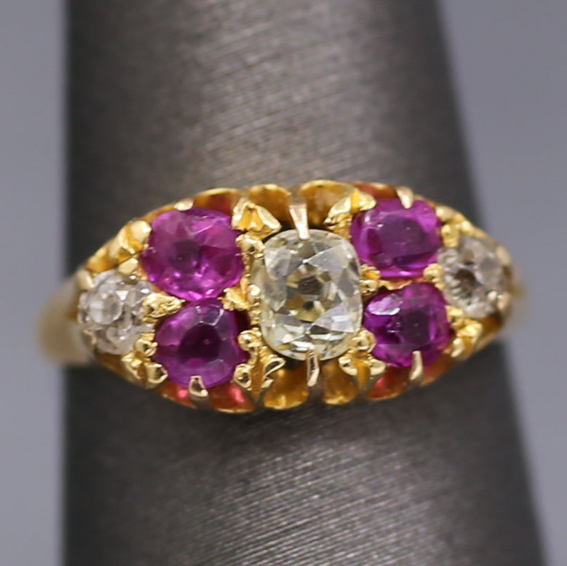 Antique Ruby and Old Mine Cut Diamond Band Ring in 18k Yellow Gold